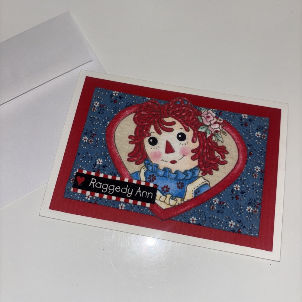 Handmade Raggedy Ann Greeting Card with Silver Lined Envelope Fabric Layered Art - Picture 1 of 9